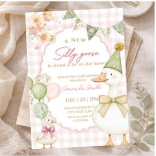 Green Silly Goose Pink Gingham Baby shower Invitation