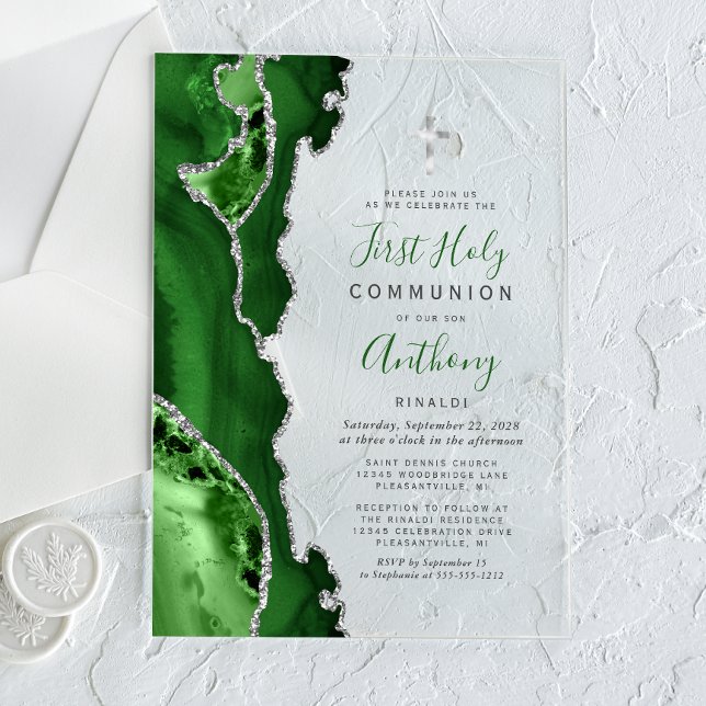 Green Silver Agate First Holy Communion Acrylic Invitations (Creator Uploaded)