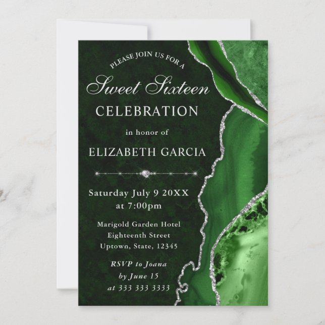 Green Silver Agate Marble Glam Sweet 16 Invitation (Front)