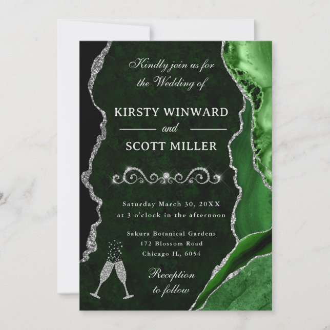 Green Silver Agate Marble Glam Wedding Invitation (Front)