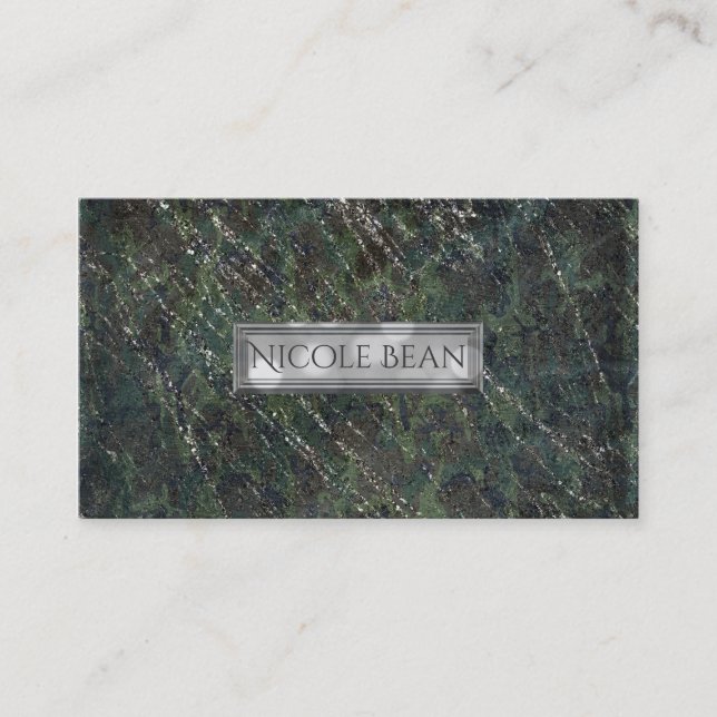 Green & Silver Army Camo Sparkle Elegant Chic Business Card (Front)