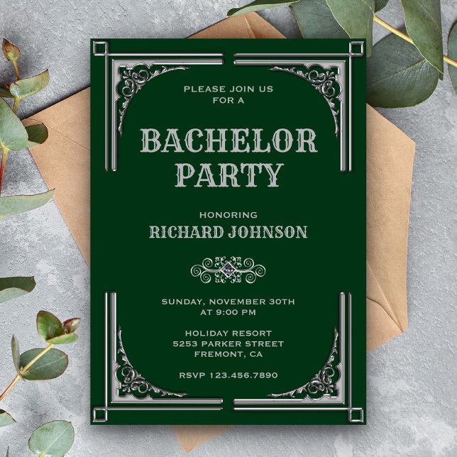 Green Silver Art Deco Bachelor Party Invitation (Creator Uploaded)