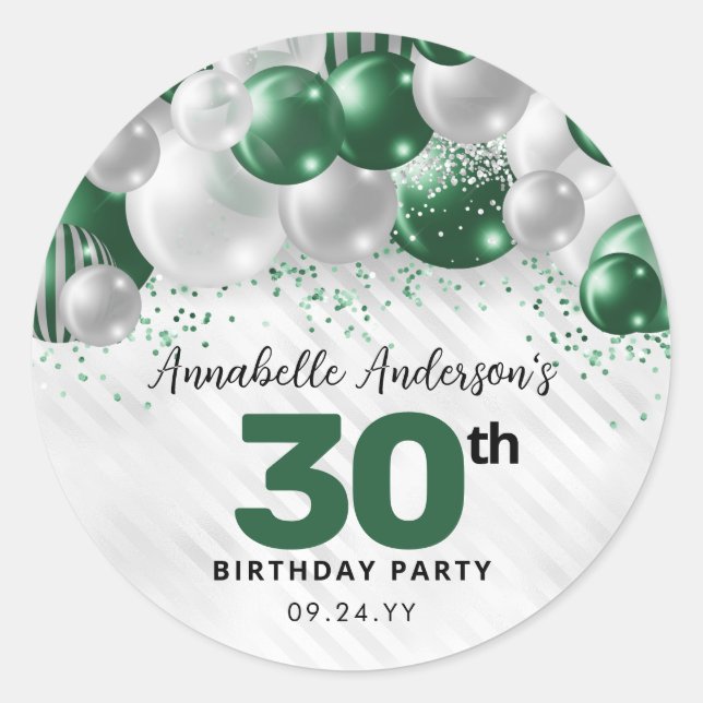 Green Silver Balloon Glitter Glam Favour Birthday Classic Round Sticker (Front)