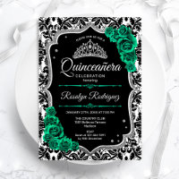Green Silver Black Damask Elegant Quinceanera