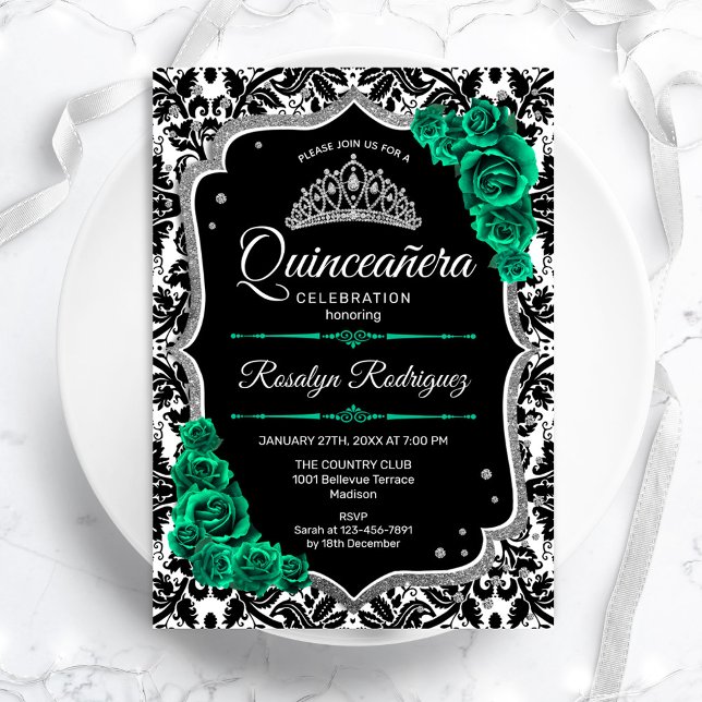 Green Silver Black Damask Elegant Quinceanera Invitation (Creator Uploaded)