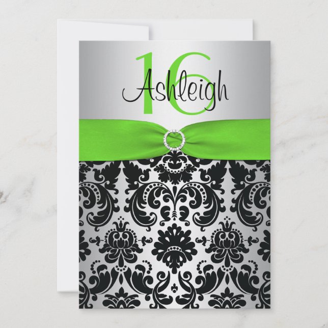Green, Silver, Black Damask Sweet 16 Invitation (Front)