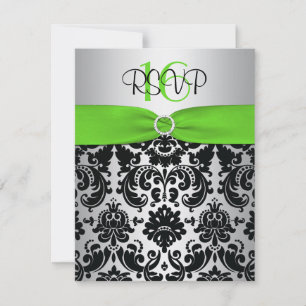 Green, Silver, Black Damask Sweet 16 RSVP Card