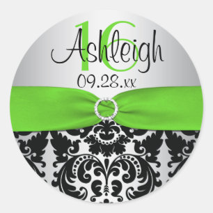 Green, Silver, Black Damask Sweet 16 Sticker