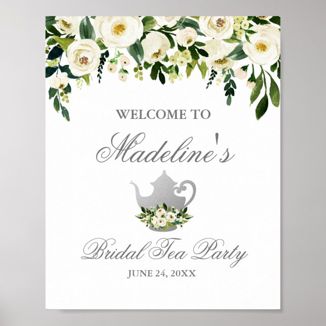 Green Silver Bridal Shower Tea Party Welcome Poster (Front)