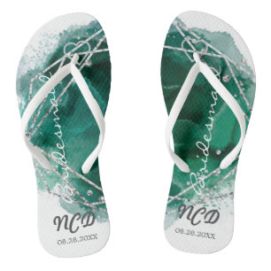 Green Silver Bridesmaid Favour Monogram Flip Flop