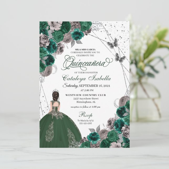 Green Silver Butterfly Princess Quinceanera Invitation (Standing Front)