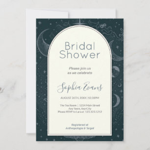 Green & Silver Celestial Moon Stars Bridal Shower Invitation