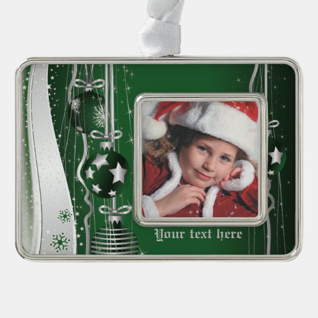 Green silver Christmas balls, stars and snowflakes Plated Framed Ornament (Front)