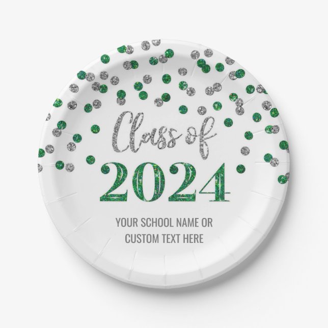 Green Silver Confetti Graduation 2024 Paper Plate (Front)