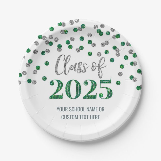 Green Silver Confetti Graduation 2025 Paper Plate (Front)