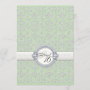 Green & Silver Diamonds & Lace, Sweet Sixteen 16 Invitation