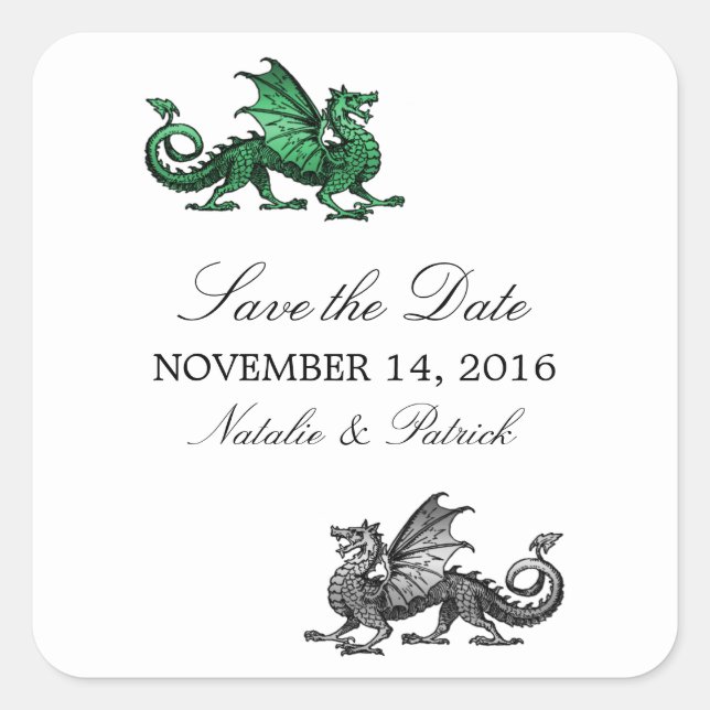 Green Silver Dragon Save the Date Stickers (Front)