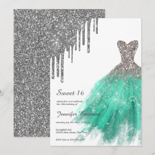 Green Silver Dress Glitter Drips Sweet Sixteen Invitation