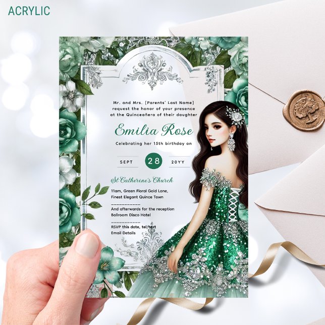 Green Silver Dress Quinceañera Elegant Mis Quince Acrylic Invitations (Creator Uploaded)