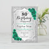 Green Silver Elegant Floral 80th Birthday Invitation (Standing Front)