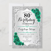 Green Silver Elegant Floral 80th Birthday Invitation (Front)