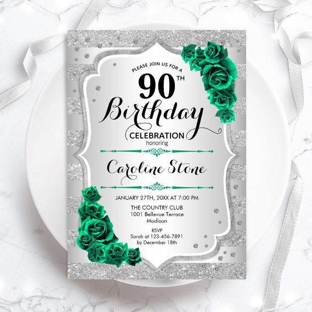 Green Silver Elegant Floral 90th Birthday Invitation (Creator Uploaded)
