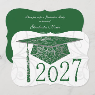 Green & Silver Floral Cap 2027 Graduation Party Invitation