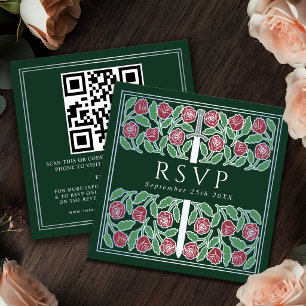 Green Silver Floral Royal Wedding RSVP QR Code  Enclosure Card