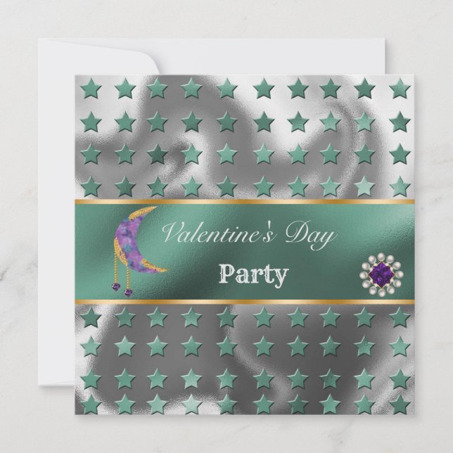 Green Silver Foil Glitter Purple Moon Valentine Invitation (Front)