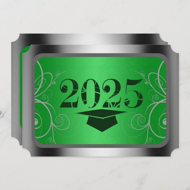 Green & Silver Frame Graduation Party Invitations (Front/Back)