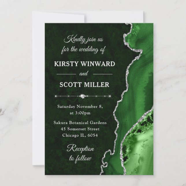 Green & Silver Glitter Agate and marble Wedding Invitation (Front)