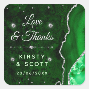 Green & Silver Glitter Agate and marble Wedding Square Sticker