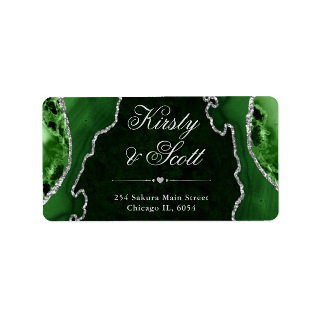 Green & Silver Glitter Agate Wedding address label (Front)