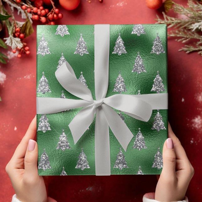 Green Silver Glitter Christmas Tree Glam Wrapping Paper (Creator Uploaded)