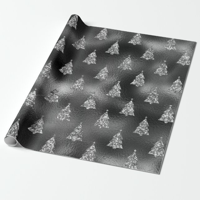 Green Silver Glitter Christmas Tree Glam Wrapping Paper (Unrolled)