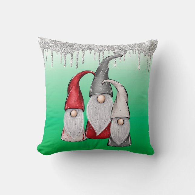 Green Silver Glitter Dripping Gnomes Christmas Cushion (Front)