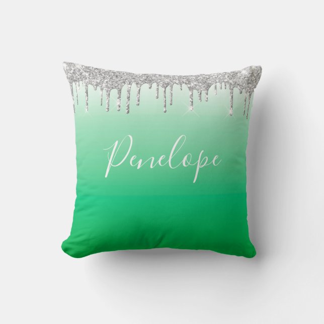 Green Silver Glitter Dripping  Monogram    Cushion (Front)