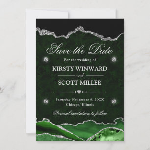 Green & Silver Glitter Marble Agate Save the Date
