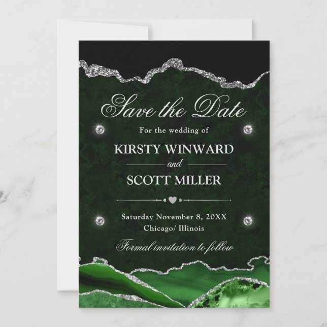 Green & Silver Glitter Marble Agate Save the Date (Front)