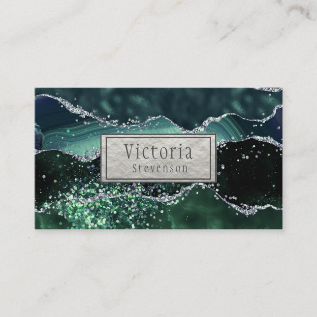 Green Silver Glitter Marble Geode Agate Business Card (Front)