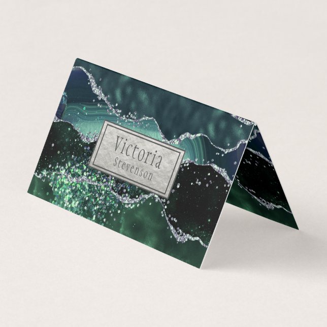 Green Silver Glitter Marble Geode Agate Folded Bus Business Card (Front)