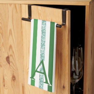 Green Silver Glitter Striped Initial Modern Trendy Tea Towel