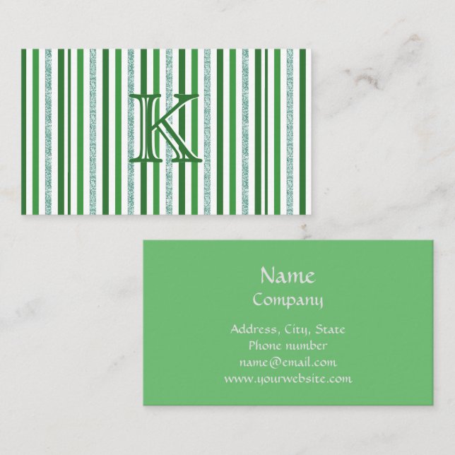 Green Silver Glitter Stripes Monogrammed Custom Business Card (Front/Back)