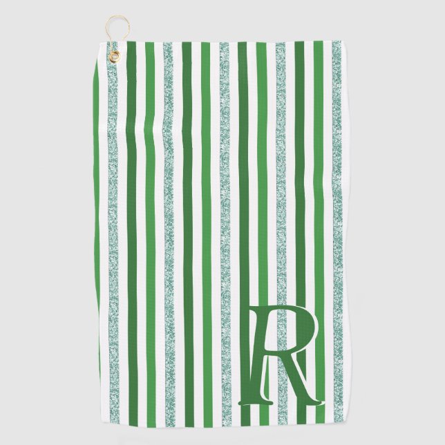 Green Silver Glitter Stripes Monogrammed Custom Golf Towel (Front)