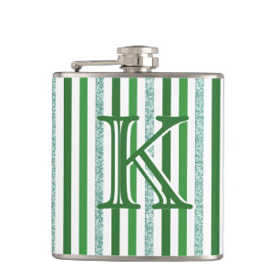Green Silver Glitter Stripes Monogrammed Custom Hip Flask