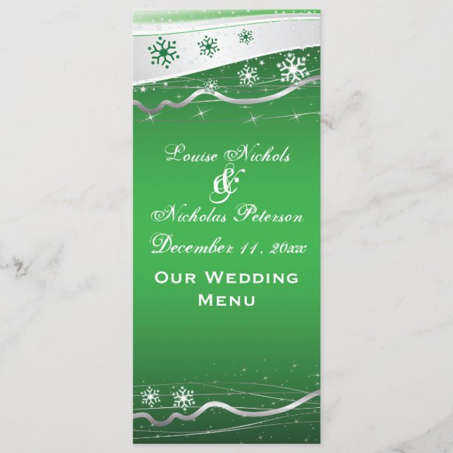 Green, silver grey snowflake wedding menu card (Front)
