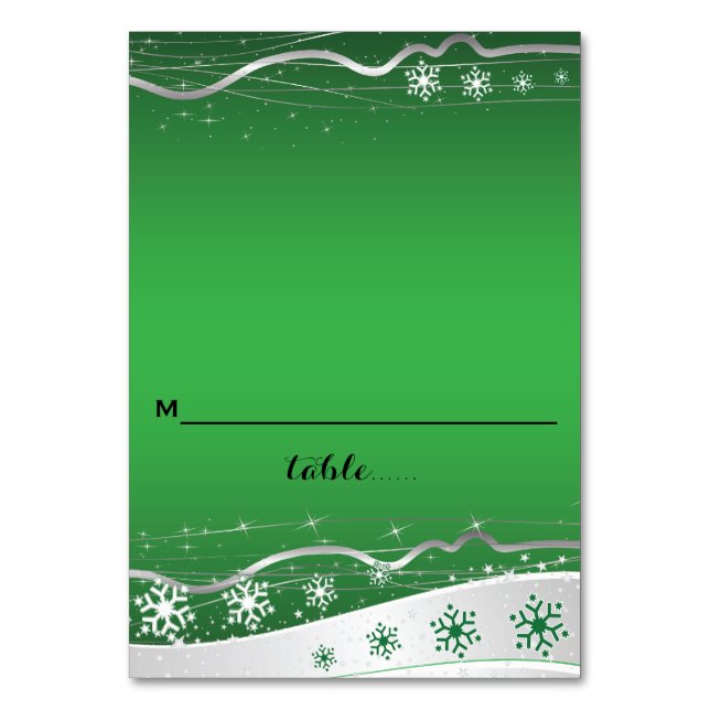 Green, silver grey snowflake wedding place card (Front)