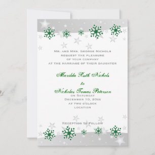 Green, silver grey white snowflake wedding invitation