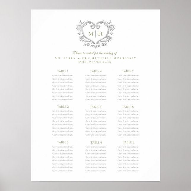 Green silver heart wreath wedding seating chart (Front)