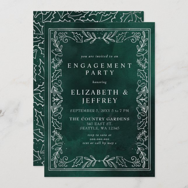 Green Silver Holly Christmas Engagement Party  Invitation (Front/Back)